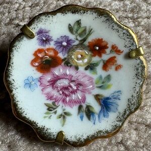Limoges Vintage Porcelain Floral Gold Trimmed Brooch